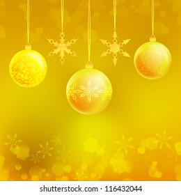Illustration of three Christmas decoration balls with snowflakes, blur elegant background