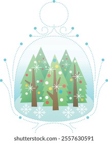 Illustration of three Christmas trees decorated with colorful balls in a large snow globe, winter-themed decorative ornaments with snowflakes, fairytale greeting card design