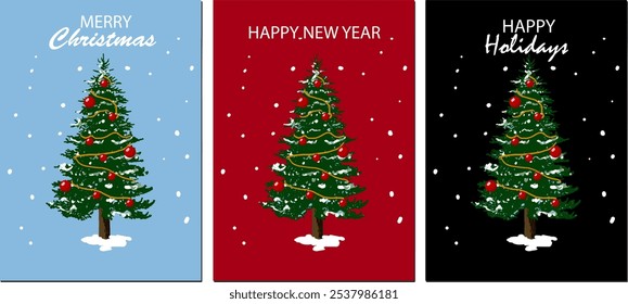 Illustration of three Christmas trees with decorations and snowflakes on various colored backgrounds, evoking a festive and wintry atmosphere. Perfect for holiday cards, poster, or banner