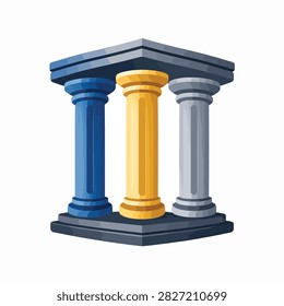 Illustration of three classical pillars in blue yellow and gray