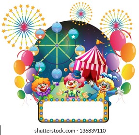 Illustration of the three clowns in front of a carnival with an empty signage on a white background