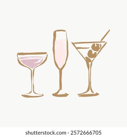 Illustration of three cocktail glasses: coupe, flute, and martini. Each glass is distinct, showcasing elegant cocktail designs. Simple, stylish cocktail art. Party vector illustration isolated.