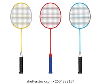 An Illustration of Three Colorful Badminton Rackets. showcases three badminton rackets, each with a different color scheme. The left racket features a yellow frame, the middle racket has a red frame 