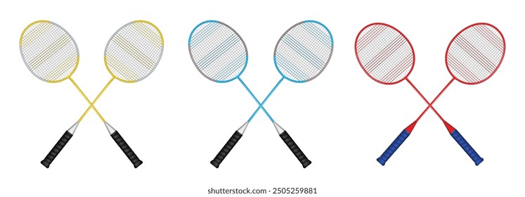 Una ilustración de tres coloridas raquetas de bádminton. muestra tres raquetas de bádminton, cada una con un esquema de color diferente. La raqueta izquierda presenta un marco amarillo, la raqueta media tiene un marco rojo 
