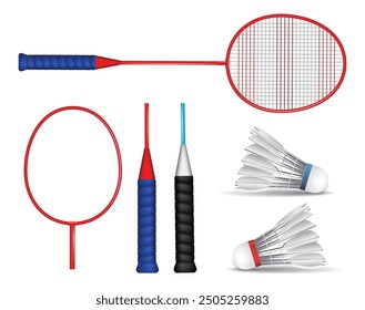 An Illustration of Three Colorful Badminton Rackets. showcases three badminton rackets, each with a different color scheme. The left racket features a yellow frame, the middle racket has a red frame 
