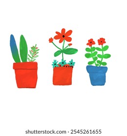 Illustration of three colorful flower pots with colorful plants growing in them. Hand-painted design with vibrant shades of red, blue and green. Perfect for decorating and adding color to your home.