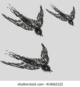 Illustration of three Common Swift in flight
Drawing black white on a gray background, a flock of swifts in flight on a hunt for decoration and design