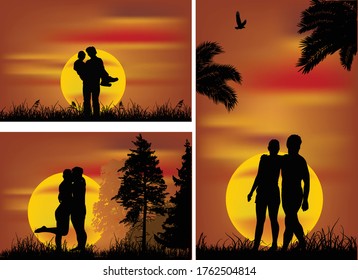 illustration with three couples at sunset collection