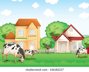 Illustration of the three cows eating in front of the neighborhood