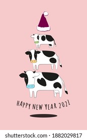 illustration of three cows stack up with a red christmas hat on top, text happy new year 2021 on pink background