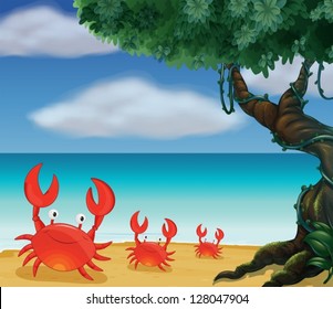 Illustration of the three crabs at the seashore