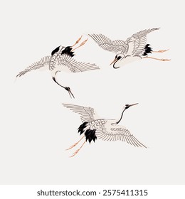 Illustration of three cranes in flight. Cranes with detailed wings, cranes soaring gracefully. Elegant cranes, traditional art style.