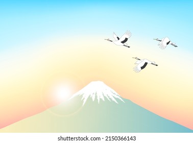 Illustration with three cranes flying in the scenery of Mt. Fuji and the first sunrise of the year.  Vector illustration.