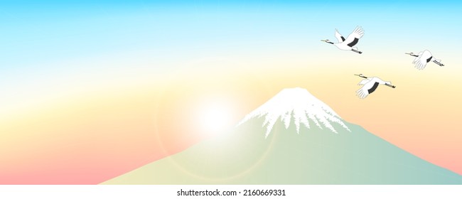 Ilustración con tres grúas volando en el paisaje del monte Fuji y el primer amanecer del año.  Ilustración vectorial.