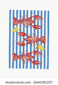 Ilustração de três lagostins com limões e azeitonas em um fundo de linha. Arte, cartaz, vetor