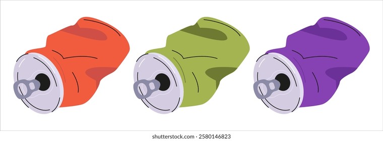 Illustration of three crushed aluminum soda cans in different colors: orange, green, and purple. The cans are dented and deformed, symbolizing waste, recycling, and environmental awareness