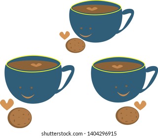 illustration of three cups of coffee and cookies cartoon vector graphic