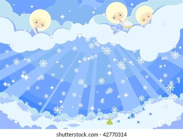 ilustração de três anjos bonitos fazendo a neve sobre uma cidade
