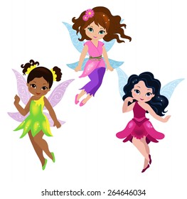 Illustration of three cute fairies in fly