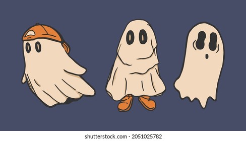 Illustration of three cute ghosts on halloween on purple background