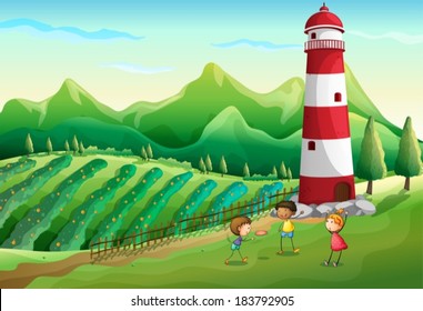 Illustration of the three cute kids at the farm playing near the tower