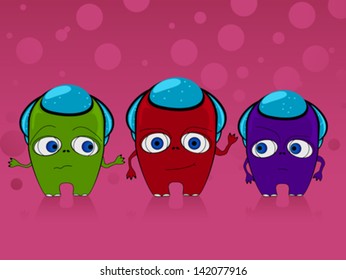 Illustration of three cute monsters, vector.