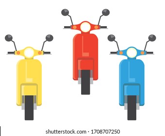 Illustration of three cute motorcycles (three colors) and scooters seen from the front.