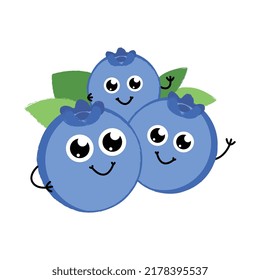 Illustration of three cute and smiling blueberries, fruit vector, isolated on white background.