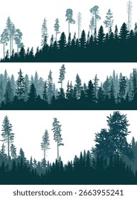 Ilustración con tres bosques cian aislados sobre fondo blanco