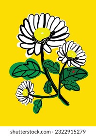 Illustration of three daisy flowers in full bloom on a yellow background with a small ladybug sitting on a leaf.