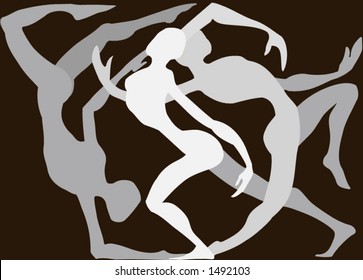 Illustration of three dancers intertwined, each dancer is complete so could be used individually.