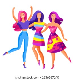 Illustration of three dancing girls. Beautiful young women in trendy style.