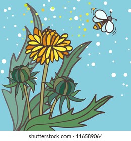 Illustration of three dandelions and bee