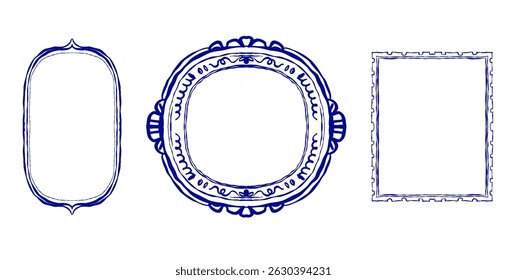 Illustration of three decorative frames: a tall oval frame, around ornamental frame with lace-like detail, and frame with a curly border. Outline sketch for invitations, labels, branding, packaging.