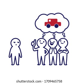 Illustration von drei deformierten einfachen Menschen, die an ein Auto denken und an einen deformierten einfachen Menschen, der es beobachtet