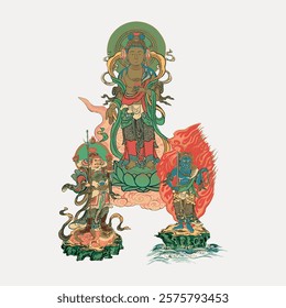 Illustration of three deities in traditional Asian art style, featuring intricate details, vibrant colors, and symbolic elements. Deities depicted in ornate attire. Vintage illustration vector.