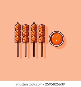 Illustration of three delicious grilled meat skewers, popularly known as satay. A perfect design for food-related projects, restaurant branding, menus, and culinary-themed graphics.