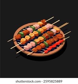 Illustration of three delicious grilled meat skewers, popularly known as satay. A perfect design for food-related projects, restaurant branding, menus, and culinary-themed graphics.