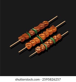 Illustration of three delicious grilled meat skewers, popularly known as satay. A perfect design for food-related projects, restaurant branding, menus, and culinary-themed graphics.