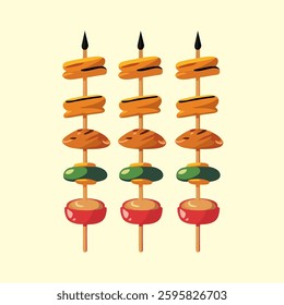Illustration of three delicious grilled meat skewers, popularly known as satay. A perfect design for food-related projects, restaurant branding, menus, and culinary-themed graphics.