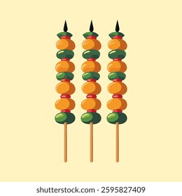Illustration of three delicious grilled meat skewers, popularly known as satay. A perfect design for food-related projects, restaurant branding, menus, and culinary-themed graphics.