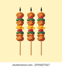 Illustration of three delicious grilled meat skewers, popularly known as satay. A perfect design for food-related projects, restaurant branding, menus, and culinary-themed graphics.