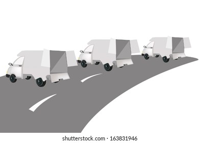 Illustration of Three Delivery Van on The Road for Trucking Products and Materials, Ready for Shipping or Delivery. 