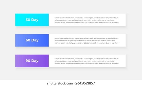 Illustration of three designed banners in a sequence depicting 30, 60, and 90 day options. Each panel has a vibrant gradient and space for accompanying text, offering a clean and modern layout