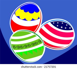 Illustration of three designed eggs in a blue background	