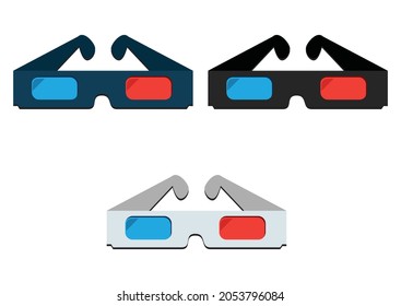 Illustration of three different color 3D glasses on a white background