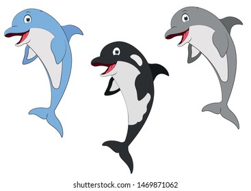 Illustration of three different color dolphins on a white background