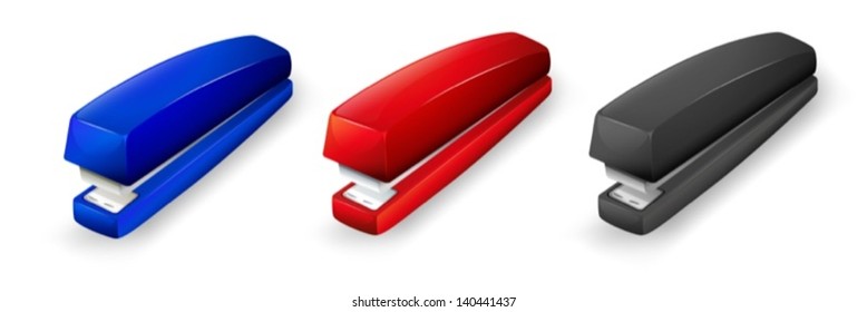 Illustration of the three different colors of staplers on a white background