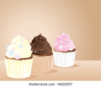 an illustration of three different flavors of cup cake with sugar daisies for decoration on a pale brown background