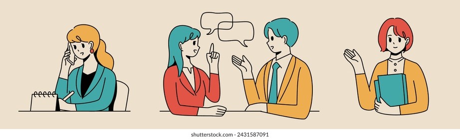 Ilustración de tres poses diferentes de oficinistas
